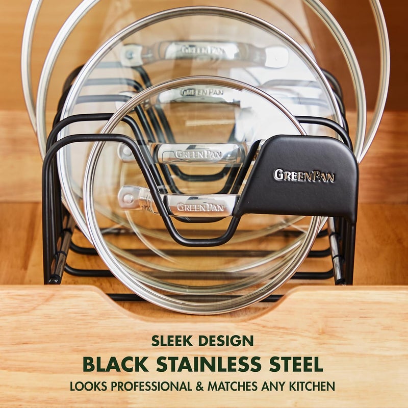 GREEN PAN Stainless Steel Wire Pots and Pans Lid Storage Rack, Holds 4 Lid Covers, Easy Storage, Countertop or Cabinent Organizer, Minimizes Clutter, Fast Drying, Wipes Clean, Black - Image 2